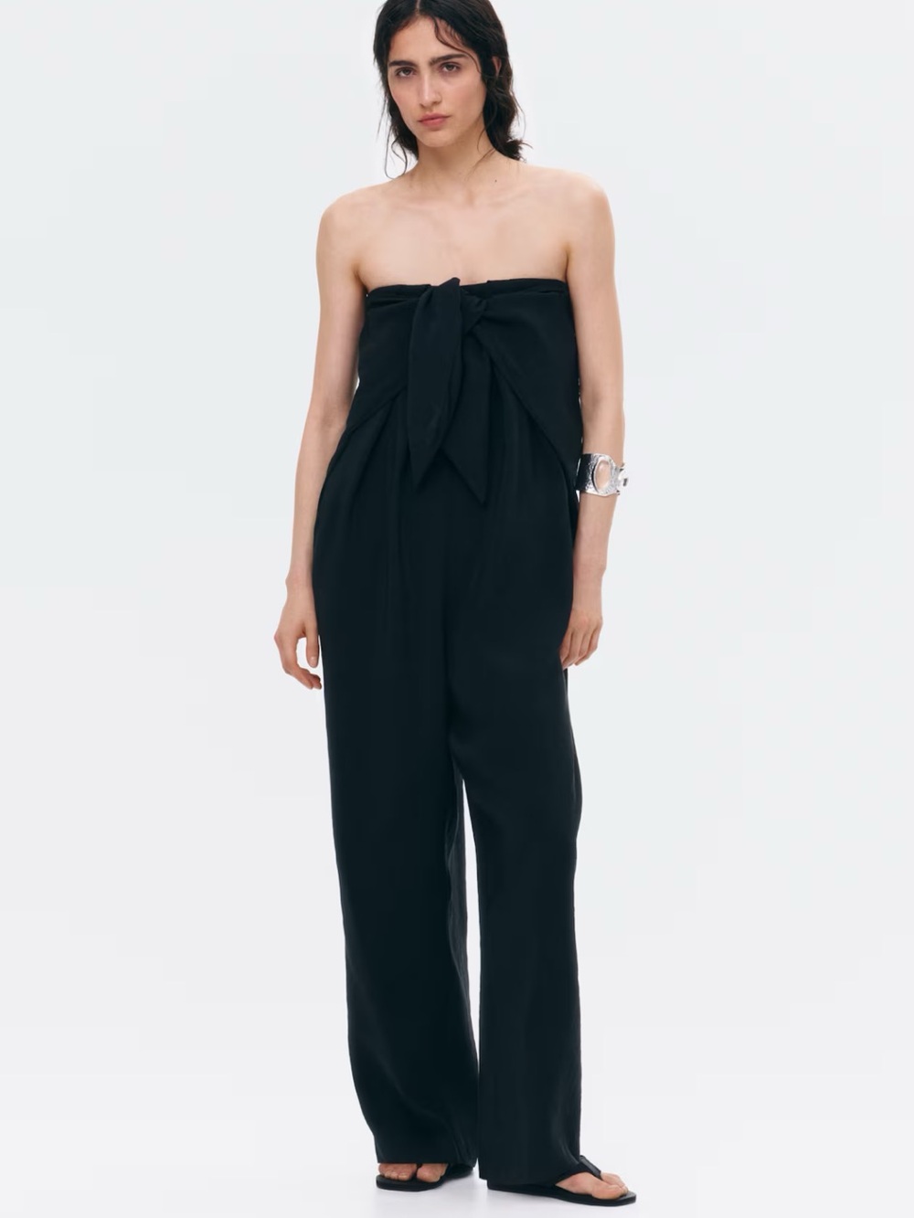 H&M Black Strapless Bow-Front Wide-Leg Jumpsuit